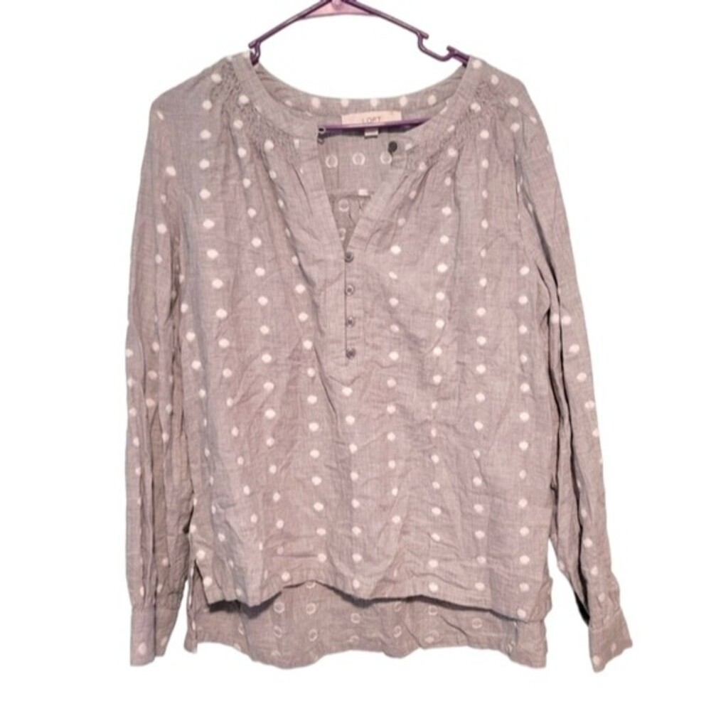 Loft Gray & White Polka Dot Blouse Size Large